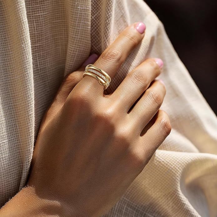 Emibele 14K Gold Plated Stackable Rings – Interlocking Mixed Metal CZ Bands for Women (Non-Tarnish)