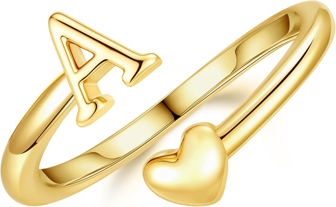 14K Gold Plated Initial Ring for Women – Adjustable Non-Tarnish Letter A–Z Heart Pinky Ring | Personalized Jewelry Gift