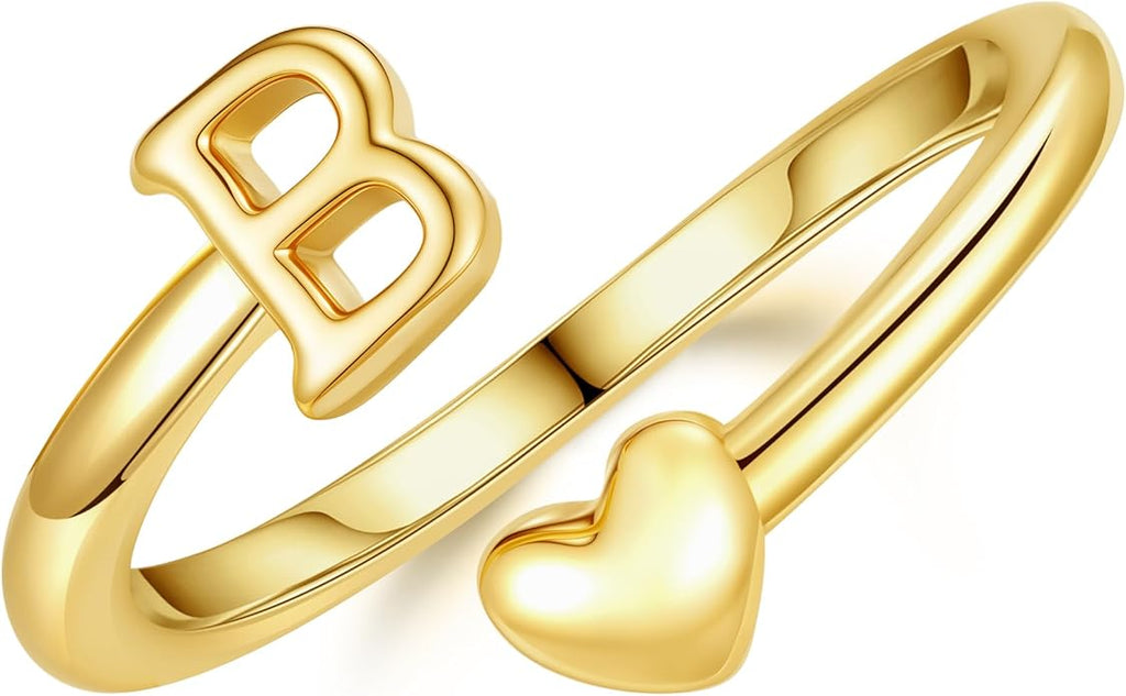 14K Gold Plated Initial Ring for Women – Adjustable Non-Tarnish Letter A–Z Heart Pinky Ring | Personalized Jewelry Gift