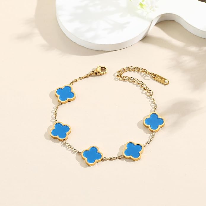 18K Gold Plated Clover Lucky Bracelet for Women — Four Leaf Flower Bracelet (White/Black/Red/Green) | Trendy Link Jewelry Gift