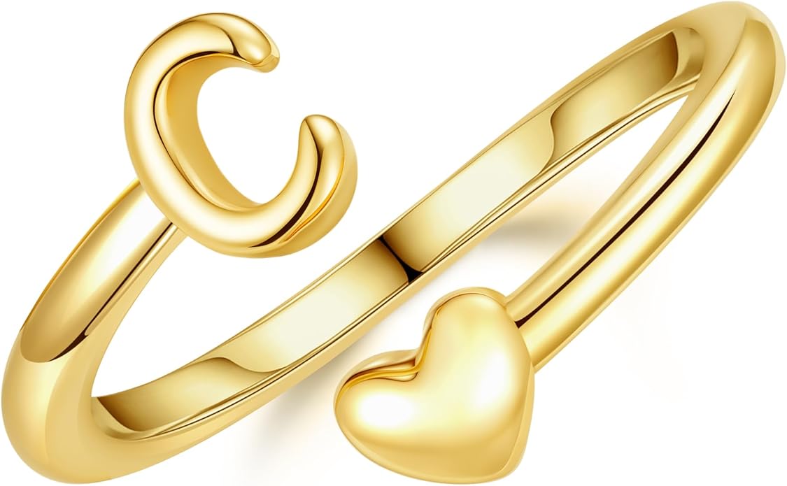 14K Gold Plated Initial Ring for Women – Adjustable Non-Tarnish Letter A–Z Heart Pinky Ring | Personalized Jewelry Gift