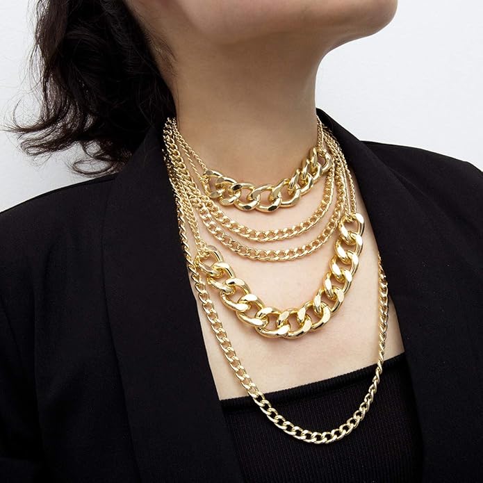 Chunky Gold Layered Cuban Link Necklace for Women – 80s/90s Hip Hop Statement Jewelry