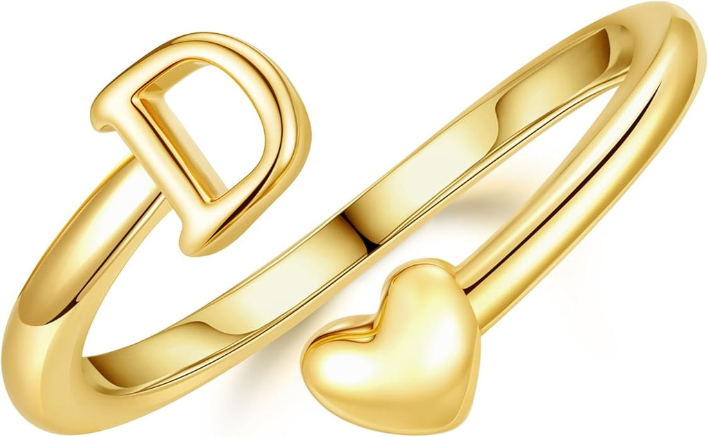 14K Gold Plated Initial Ring for Women – Adjustable Non-Tarnish Letter A–Z Heart Pinky Ring | Personalized Jewelry Gift