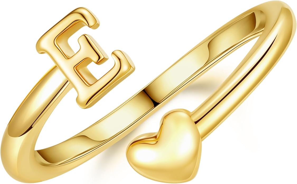 14K Gold Plated Initial Ring for Women – Adjustable Non-Tarnish Letter A–Z Heart Pinky Ring | Personalized Jewelry Gift