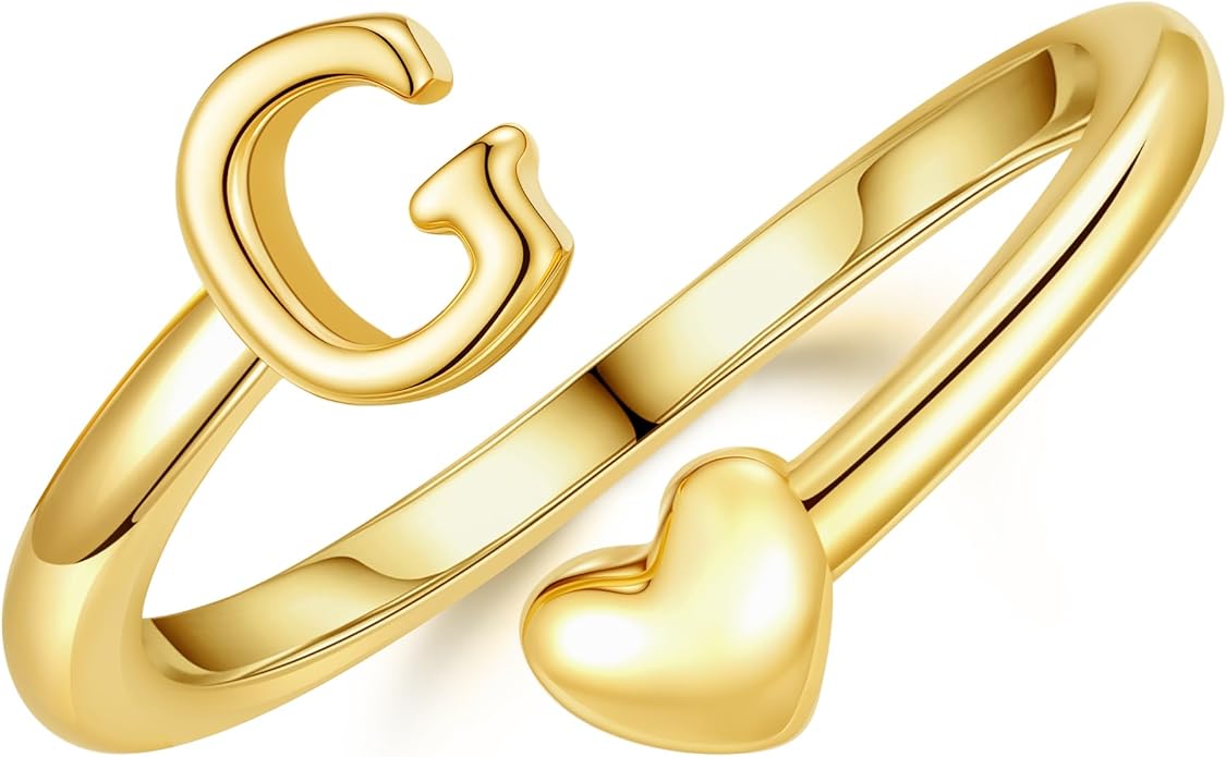 14K Gold Plated Initial Ring for Women – Adjustable Non-Tarnish Letter A–Z Heart Pinky Ring | Personalized Jewelry Gift