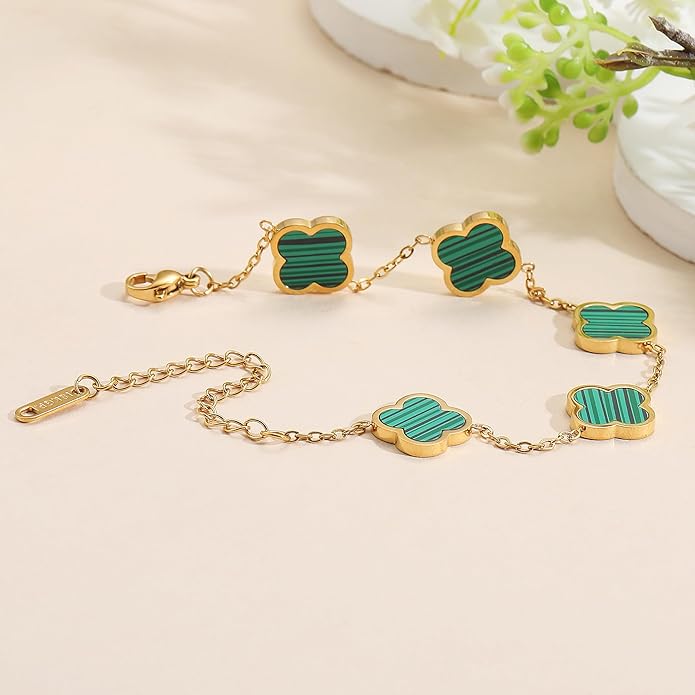 18K Gold Plated Clover Lucky Bracelet for Women — Four Leaf Flower Bracelet (White/Black/Red/Green) | Trendy Link Jewelry Gift