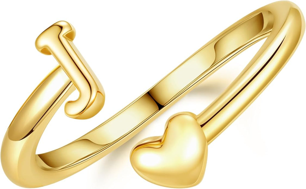 14K Gold Plated Initial Ring for Women – Adjustable Non-Tarnish Letter A–Z Heart Pinky Ring | Personalized Jewelry Gift