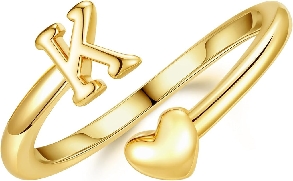 14K Gold Plated Initial Ring for Women – Adjustable Non-Tarnish Letter A–Z Heart Pinky Ring | Personalized Jewelry Gift