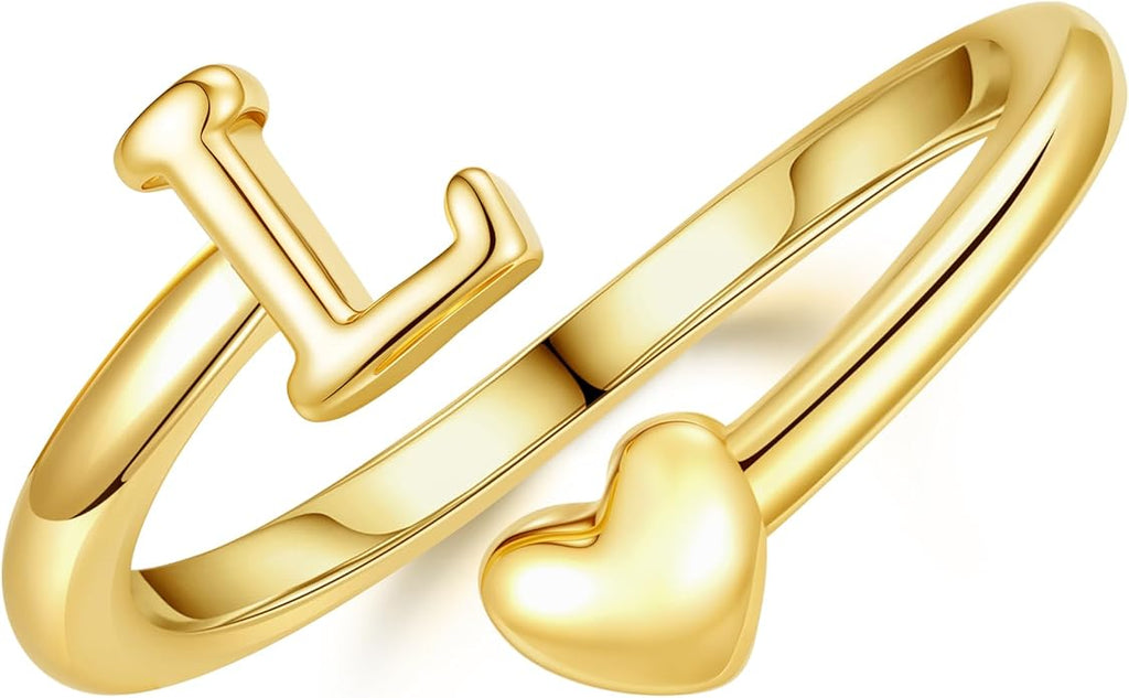 14K Gold Plated Initial Ring for Women – Adjustable Non-Tarnish Letter A–Z Heart Pinky Ring | Personalized Jewelry Gift