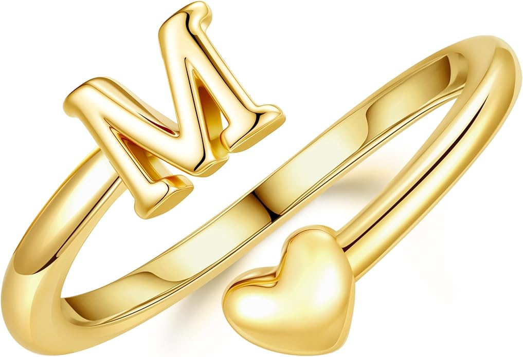 14K Gold Plated Initial Ring for Women – Adjustable Non-Tarnish Letter A–Z Heart Pinky Ring | Personalized Jewelry Gift