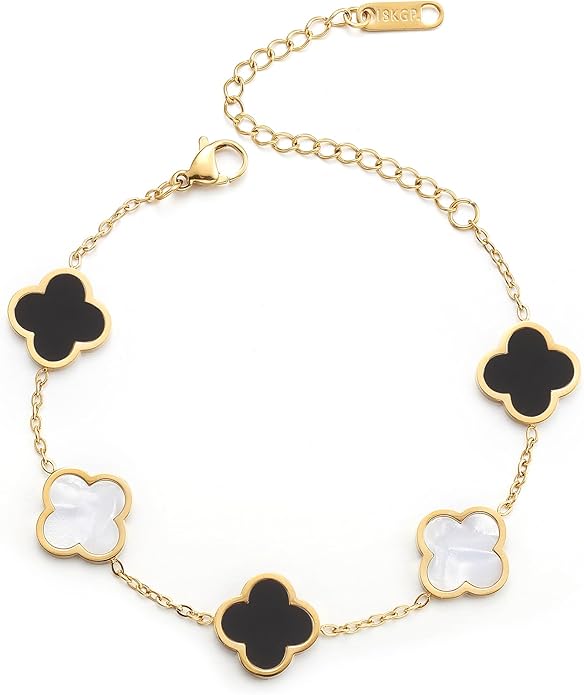 18K Gold Plated Clover Lucky Bracelet for Women — Four Leaf Flower Bracelet (White/Black/Red/Green) | Trendy Link Jewelry Gift