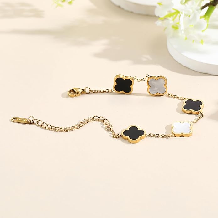 18K Gold Plated Clover Lucky Bracelet for Women — Four Leaf Flower Bracelet (White/Black/Red/Green) | Trendy Link Jewelry Gift