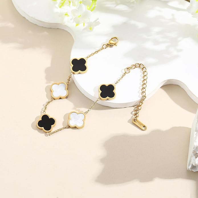 18K Gold Plated Clover Lucky Bracelet for Women — Four Leaf Flower Bracelet (White/Black/Red/Green) | Trendy Link Jewelry Gift