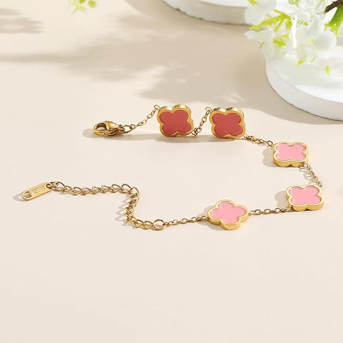 18K Gold Plated Clover Lucky Bracelet for Women — Four Leaf Flower Bracelet (White/Black/Red/Green) | Trendy Link Jewelry Gift