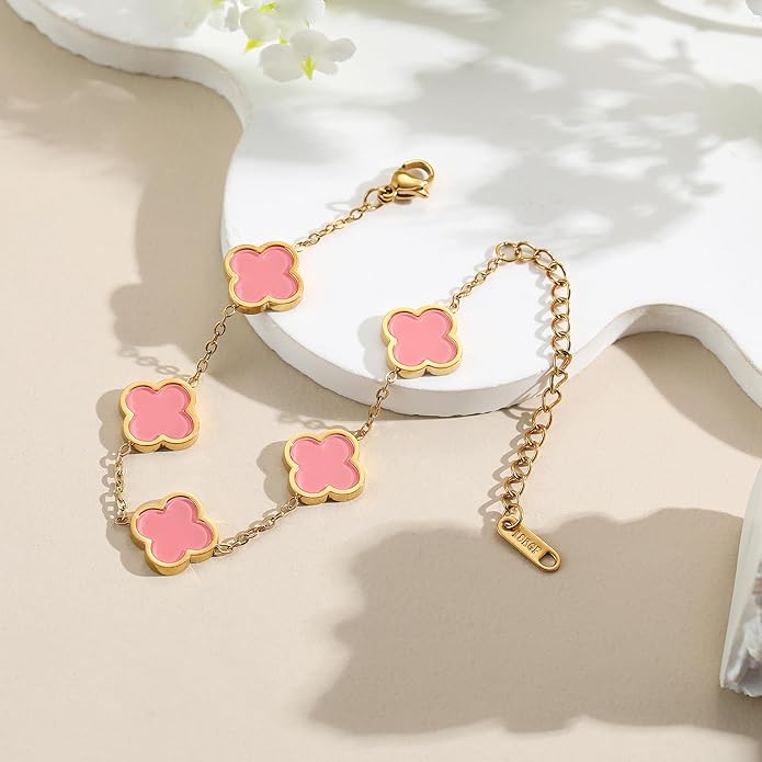 18K Gold Plated Clover Lucky Bracelet for Women — Four Leaf Flower Bracelet (White/Black/Red/Green) | Trendy Link Jewelry Gift