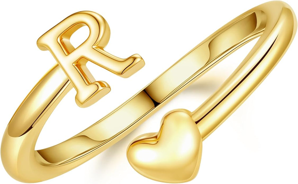 14K Gold Plated Initial Ring for Women – Adjustable Non-Tarnish Letter A–Z Heart Pinky Ring | Personalized Jewelry Gift