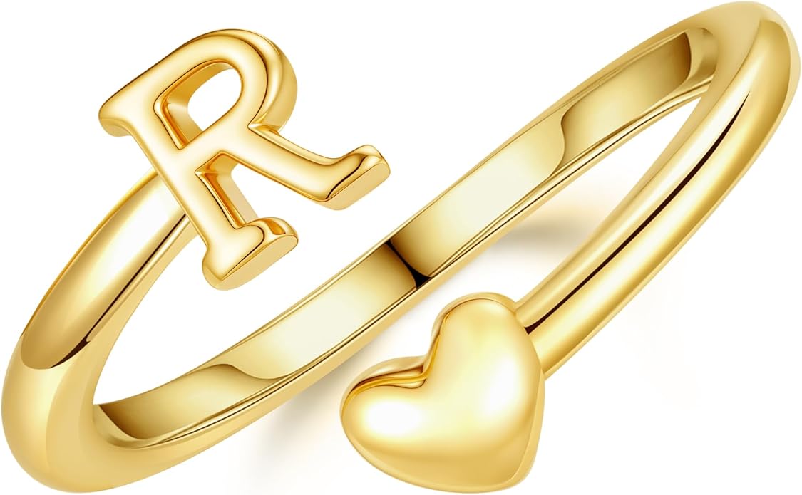 14K Gold Plated Initial Ring for Women – Adjustable Non-Tarnish Letter A–Z Heart Pinky Ring | Personalized Jewelry Gift