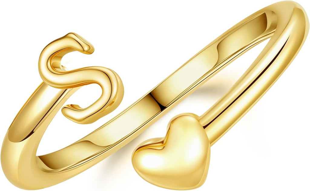 14K Gold Plated Initial Ring for Women – Adjustable Non-Tarnish Letter A–Z Heart Pinky Ring | Personalized Jewelry Gift