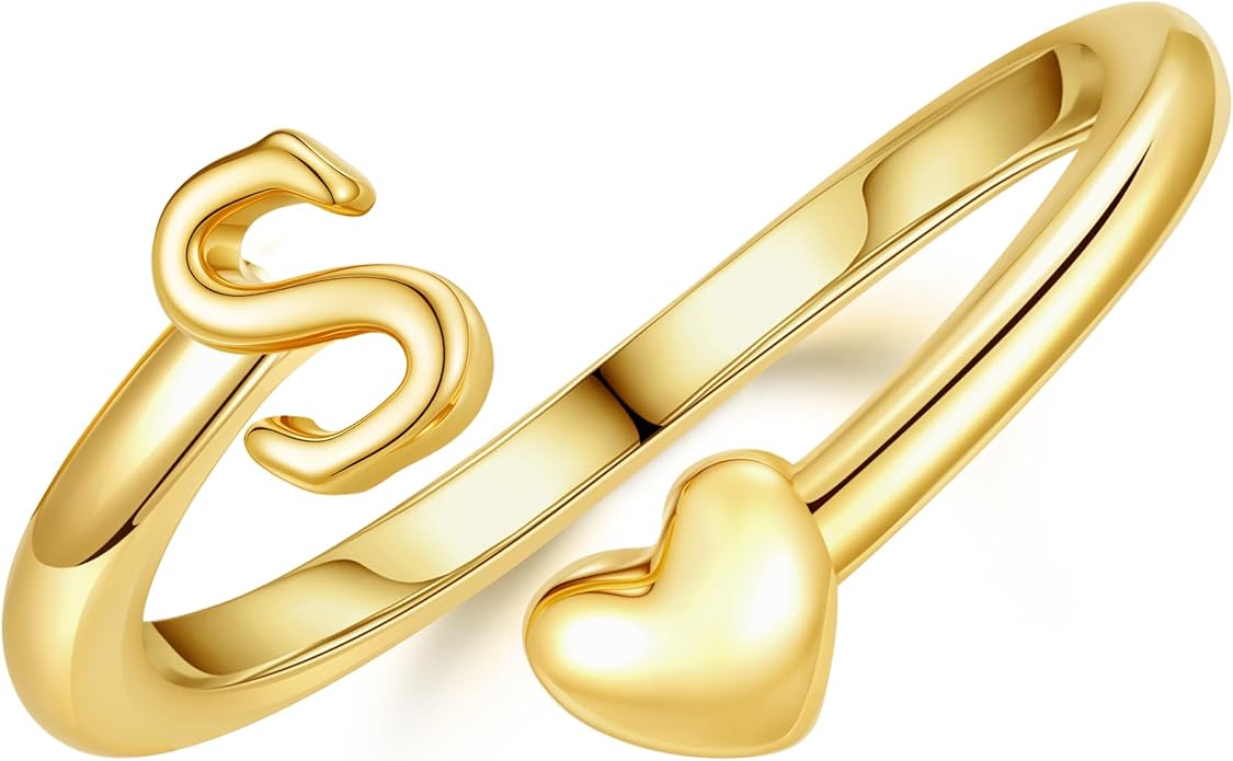 14K Gold Plated Initial Ring for Women – Adjustable Non-Tarnish Letter A–Z Heart Pinky Ring | Personalized Jewelry Gift