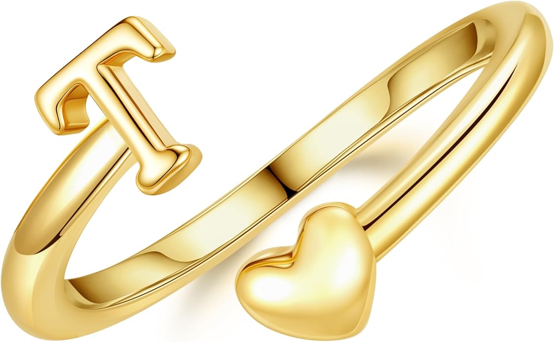 14K Gold Plated Initial Ring for Women – Adjustable Non-Tarnish Letter A–Z Heart Pinky Ring | Personalized Jewelry Gift
