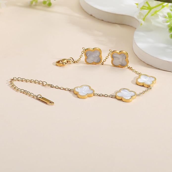 18K Gold Plated Clover Lucky Bracelet for Women — Four Leaf Flower Bracelet (White/Black/Red/Green) | Trendy Link Jewelry Gift