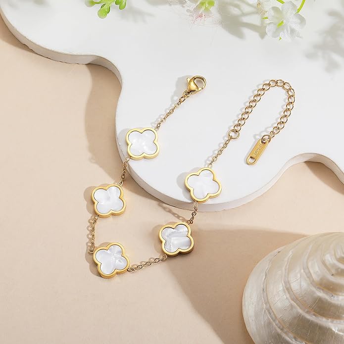 18K Gold Plated Clover Lucky Bracelet for Women — Four Leaf Flower Bracelet (White/Black/Red/Green) | Trendy Link Jewelry Gift