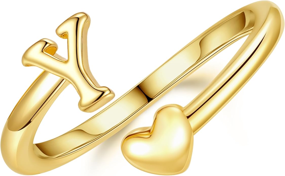 14K Gold Plated Initial Ring for Women – Adjustable Non-Tarnish Letter A–Z Heart Pinky Ring | Personalized Jewelry Gift