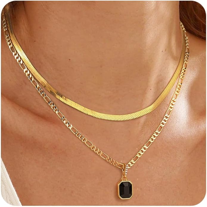 Mesovor 18K Gold Crystal Layered Necklace – Trendy Birthstone Pendant Statement Jewelry for Women