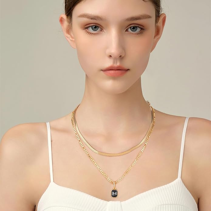 Mesovor 18K Gold Crystal Layered Necklace – Trendy Birthstone Pendant Statement Jewelry for Women