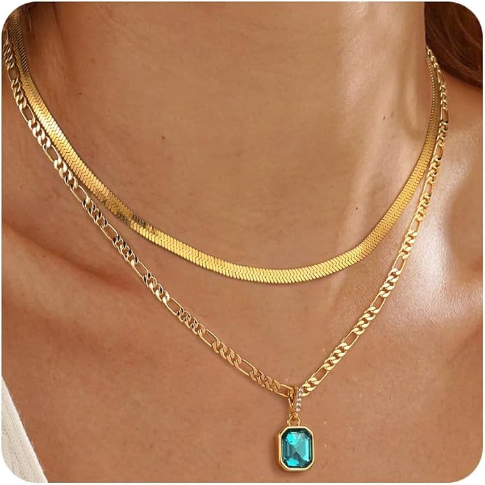 Mesovor 18K Gold Crystal Layered Necklace – Trendy Birthstone Pendant Statement Jewelry for Women