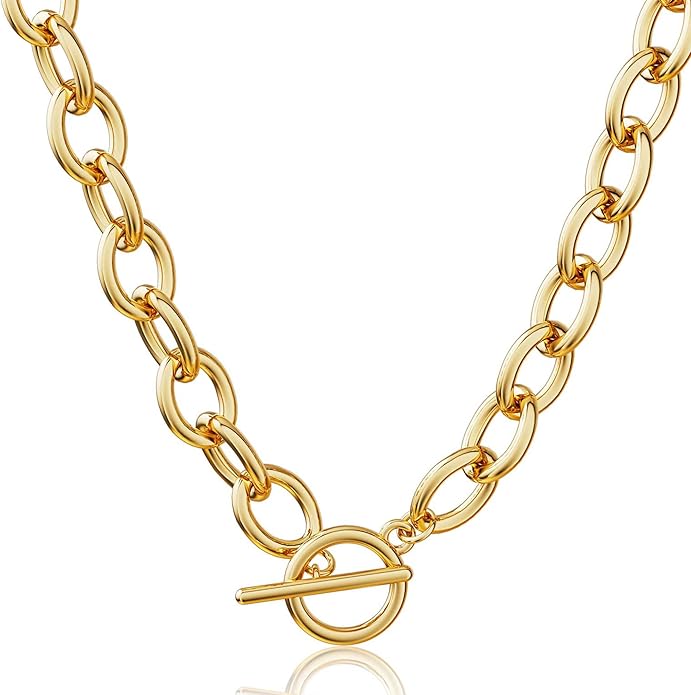 14K Gold Plated Chunky Paperclip Chain Necklace for Women – Cross & Heart Pendant Layered Jewelry
