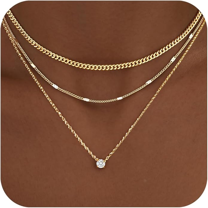 WomenGifts Layered Gold Necklace Set for Women – 14K Gold Sterling Silver Plated Pendant with CZ Circle & Chunky Cuban Chain | Waterproof Stackable Jewelry