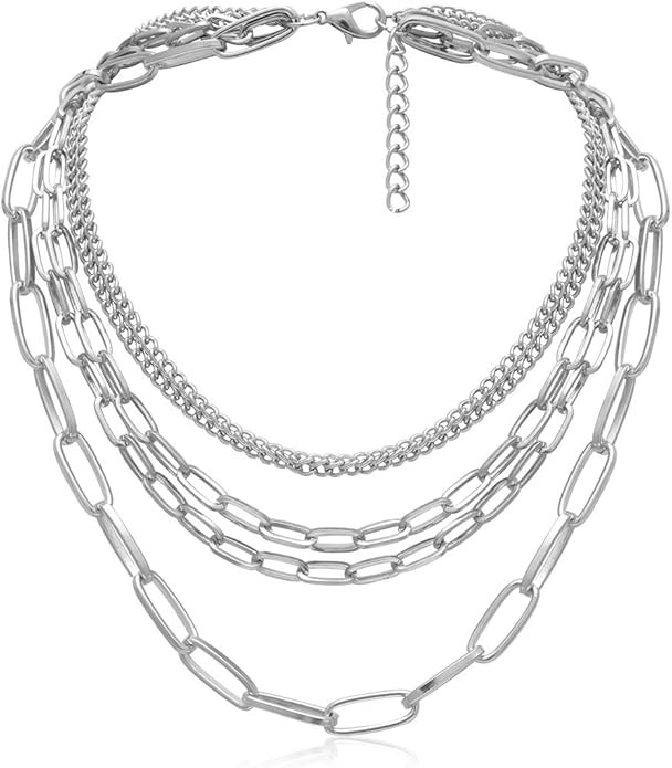 Layered Gold & Silver Chain Necklace for Women – 18" Paperclip, Rope & Ball Choker (Punk Jewelry)