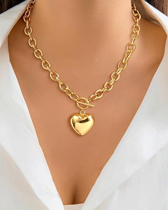 14K Gold Plated Chunky Paperclip Chain Necklace for Women – Cross & Heart Pendant Layered Jewelry