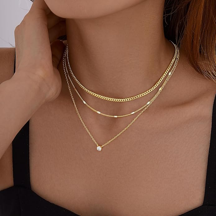 WomenGifts Layered Gold Necklace Set for Women – 14K Gold Sterling Silver Plated Pendant with CZ Circle & Chunky Cuban Chain | Waterproof Stackable Jewelry