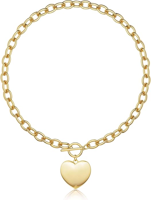 14K Gold Plated Chunky Paperclip Chain Necklace for Women – Cross & Heart Pendant Layered Jewelry