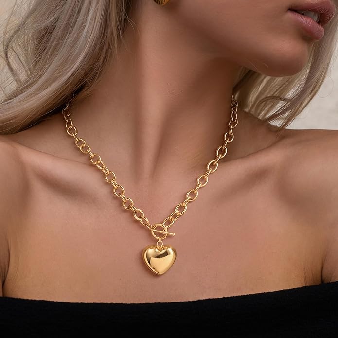 14K Gold Plated Chunky Paperclip Chain Necklace for Women – Cross & Heart Pendant Layered Jewelry