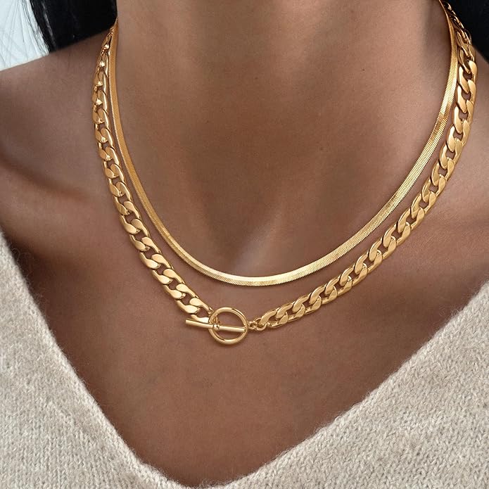 14K Gold Plated Chunky Paperclip Chain Necklace for Women – Cross & Heart Pendant Layered Jewelry