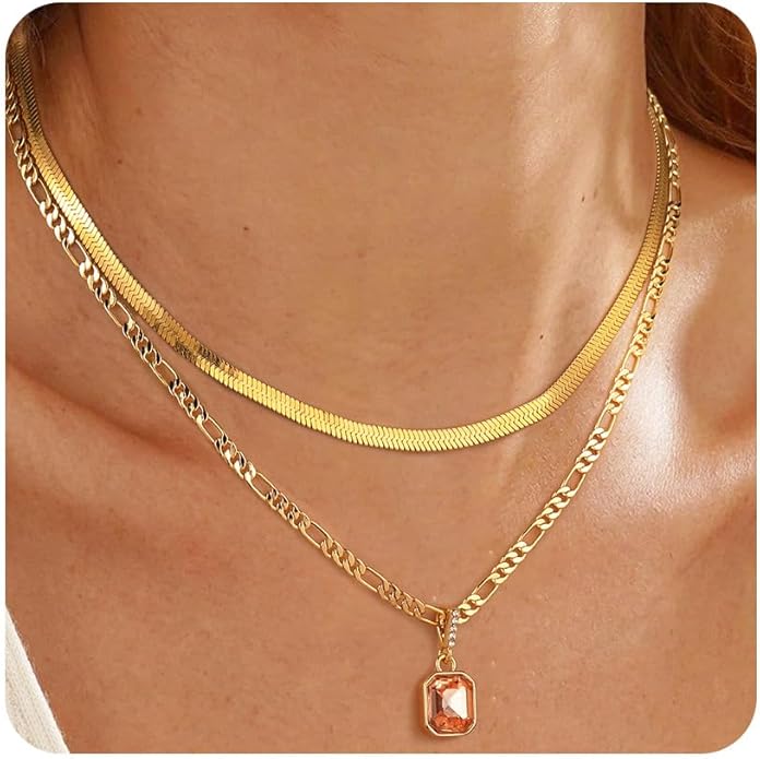 Mesovor 18K Gold Crystal Layered Necklace – Trendy Birthstone Pendant Statement Jewelry for Women
