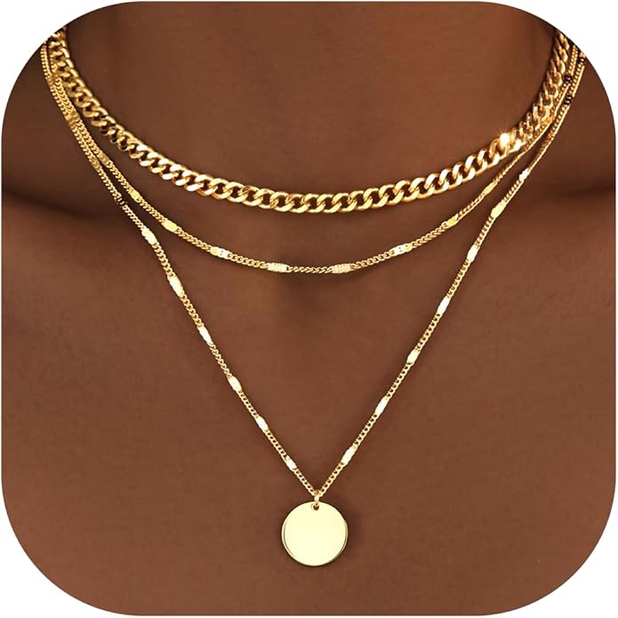 WomenGifts Layered Gold Necklace Set for Women – 14K Gold Sterling Silver Plated Pendant with CZ Circle & Chunky Cuban Chain | Waterproof Stackable Jewelry