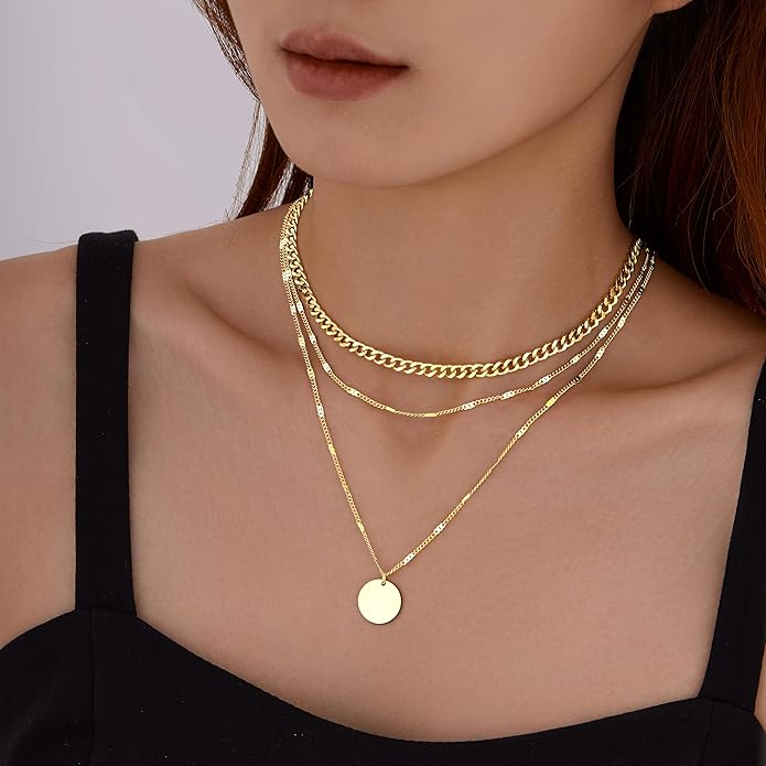 WomenGifts Layered Gold Necklace Set for Women – 14K Gold Sterling Silver Plated Pendant with CZ Circle & Chunky Cuban Chain | Waterproof Stackable Jewelry