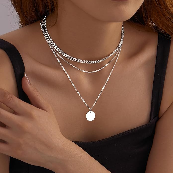 WomenGifts Layered Gold Necklace Set for Women – 14K Gold Sterling Silver Plated Pendant with CZ Circle & Chunky Cuban Chain | Waterproof Stackable Jewelry