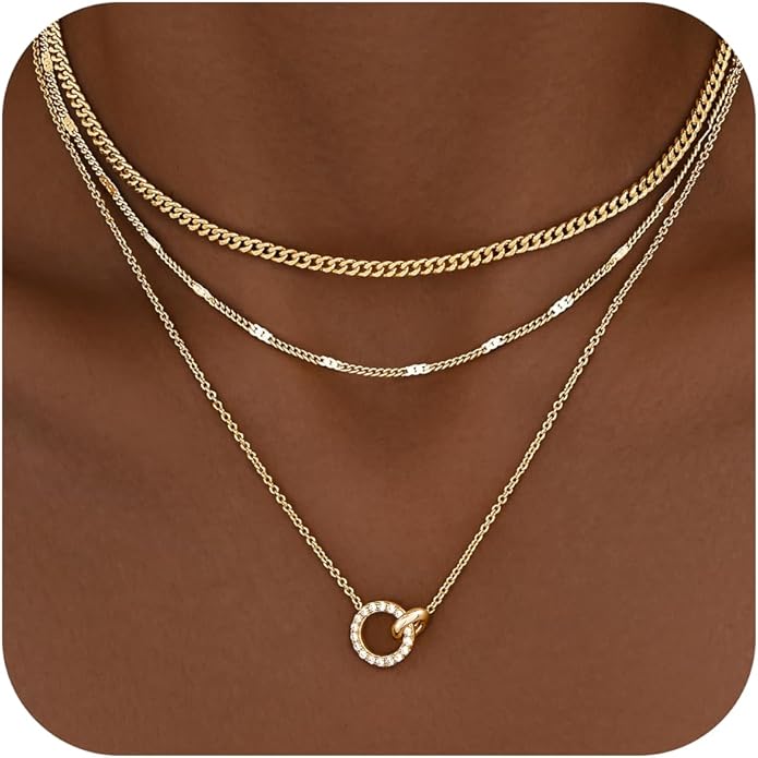 WomenGifts Layered Gold Necklace Set for Women – 14K Gold Sterling Silver Plated Pendant with CZ Circle & Chunky Cuban Chain | Waterproof Stackable Jewelry