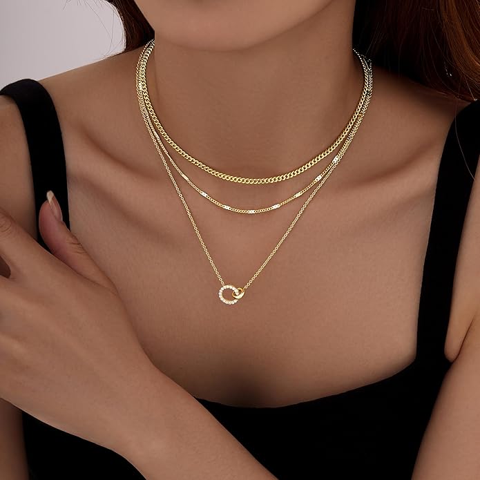 WomenGifts Layered Gold Necklace Set for Women – 14K Gold Sterling Silver Plated Pendant with CZ Circle & Chunky Cuban Chain | Waterproof Stackable Jewelry