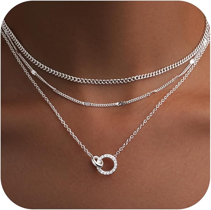 WomenGifts Layered Gold Necklace Set for Women – 14K Gold Sterling Silver Plated Pendant with CZ Circle & Chunky Cuban Chain | Waterproof Stackable Jewelry