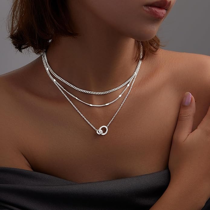 WomenGifts Layered Gold Necklace Set for Women – 14K Gold Sterling Silver Plated Pendant with CZ Circle & Chunky Cuban Chain | Waterproof Stackable Jewelry