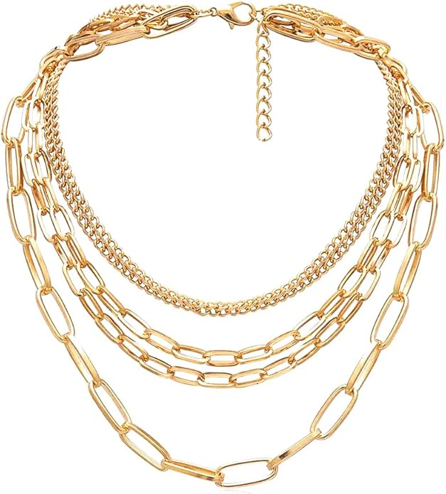 Layered Gold & Silver Chain Necklace for Women – 18" Paperclip, Rope & Ball Choker (Punk Jewelry)