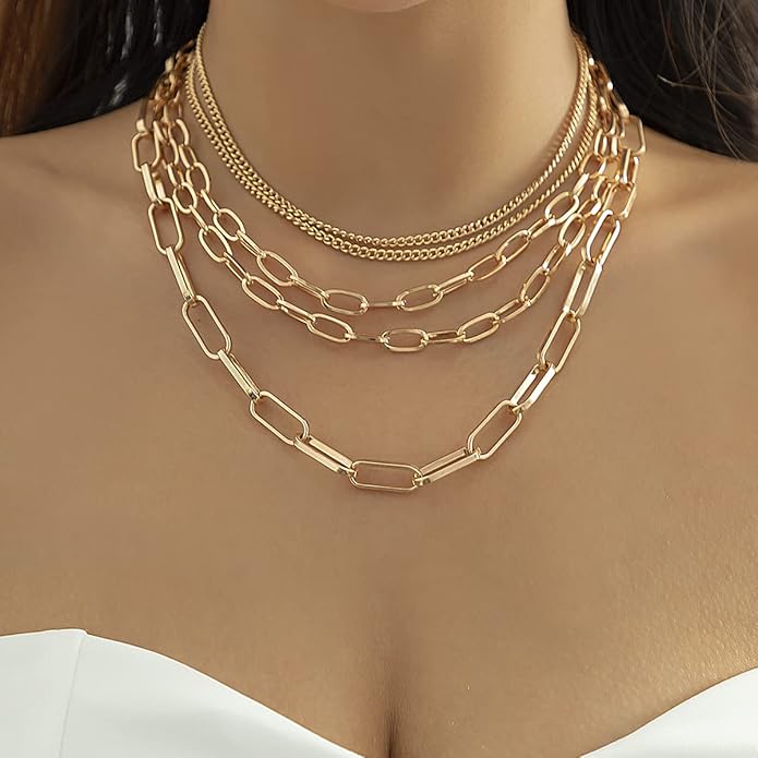 Layered Gold & Silver Chain Necklace for Women – 18" Paperclip, Rope & Ball Choker (Punk Jewelry)