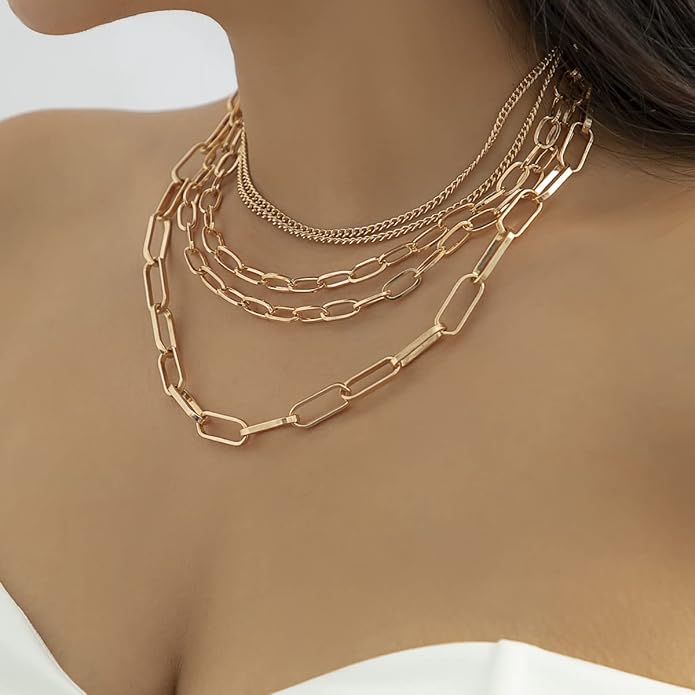 Layered Gold & Silver Chain Necklace for Women – 18" Paperclip, Rope & Ball Choker (Punk Jewelry)