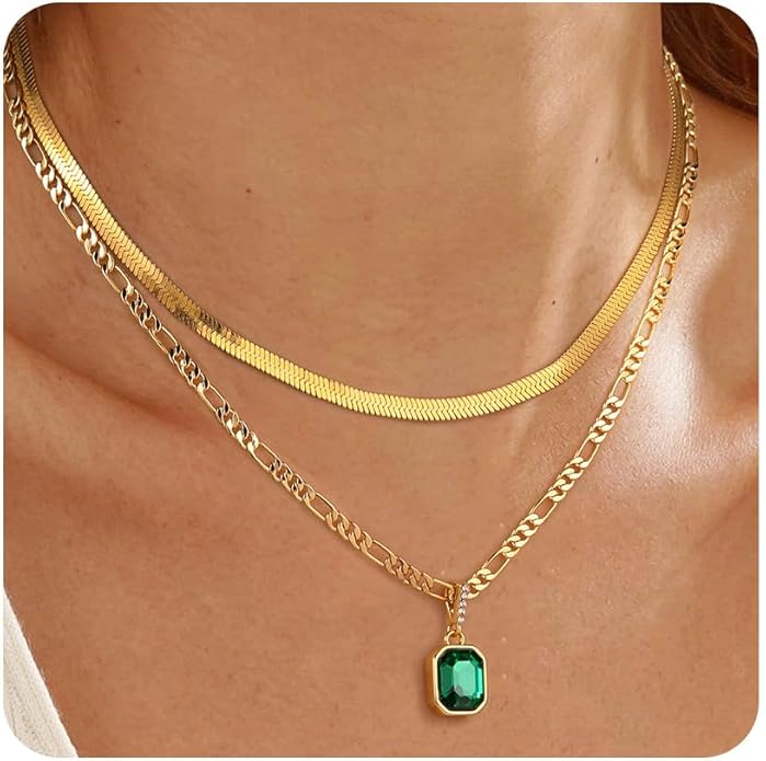 Mesovor 18K Gold Crystal Layered Necklace – Trendy Birthstone Pendant Statement Jewelry for Women